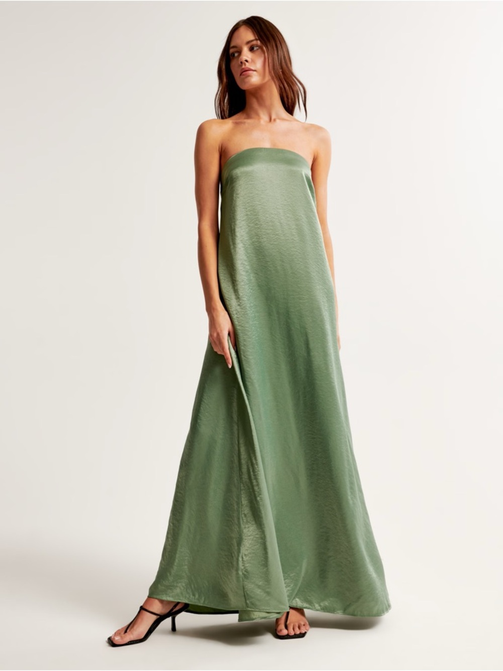 Abercrombie & Fitch Strapless Trapeze Satin Maxi Dress in Lush Green